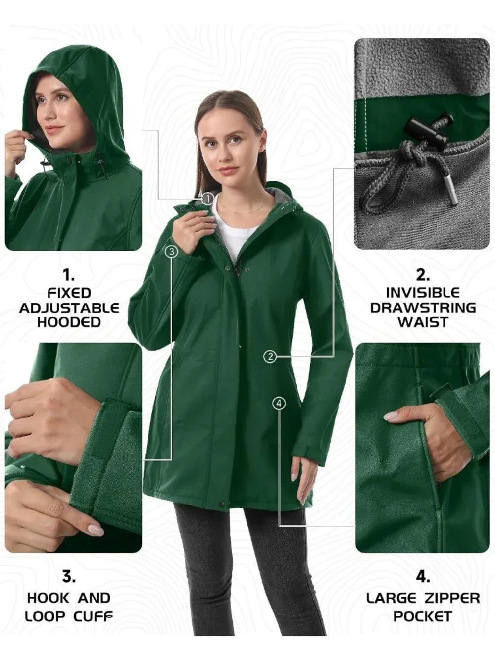 Women's Dark Green Hooded Fleece Lined Waterproof Hiking Softshell Rain Jacket